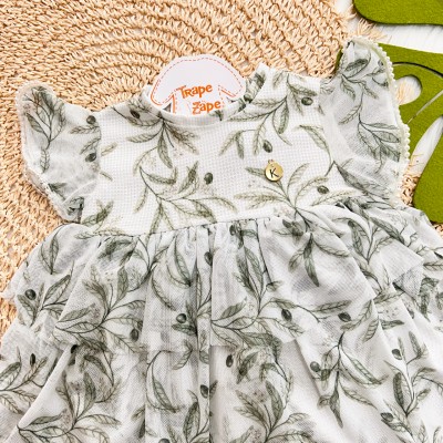 Vestido em Tule Plantinhas com Mangas Peroladas - Verde